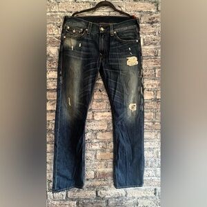 True Religion Men's Dark Blue Ricky Distressed Jeans Fashion for the Senses